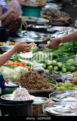 a smal streetmarket in the city of Myeik in the south in Myanmar in Southeastasia. Stock Photo