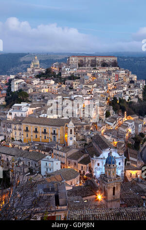 Cityscape of Ragusa Ibla at dusk, Sicily, Italy Stock Photo