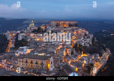 Cityscape of Ragusa Ibla at dusk, Sicily, Italy Stock Photo