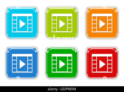 Set of squared colorful buttons with movie symbol in blue, green, red and orange colors Stock Photo