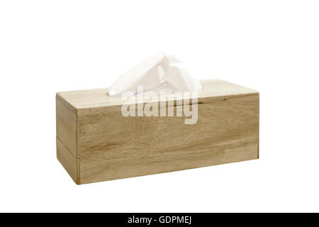 tissue paper in wooden box holder isolated on white background Stock Photo