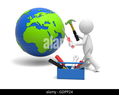 A 3d man repairing the globe with hammer and screwdriver Stock Photo