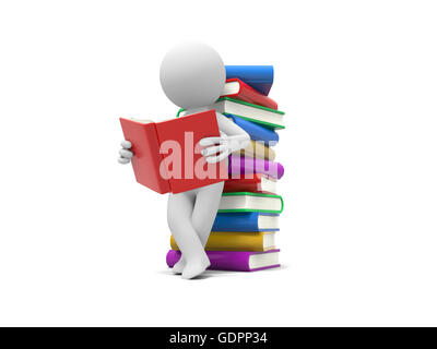 3d man reading a book, leaning back against a pile of books Stock Photo