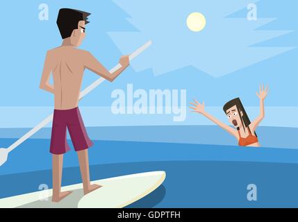 Lifeguard rescues drowning woman - colorful vector cartoon illustration Stock Vector