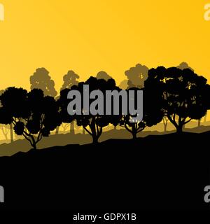 Forest trees silhouettes natural wild landscape detailed illustration background vector Stock Vector