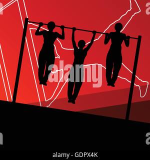 Active and strong fitness men doing push ups muscles training in sport silhouettes gym background illustration vector Stock Vector