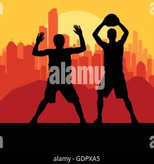 Basketball players in front of city sunset vector background for poster Stock Vector