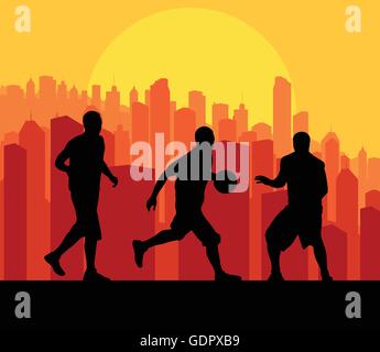 Basketball players in front of city sunset vector background concept Stock Vector