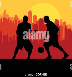 Basketball players in front of city sunset vector background concept Stock Vector