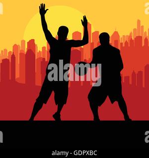 Basketball players in front of city sunset vector background concept Stock Vector