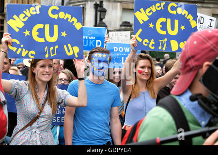 'March for Europe'  remain protesters marching with placard  'Never gonna Give EU UP' on the street London UK 23 June 2016  KATHY DEWITT Stock Photo
