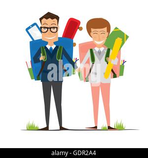 Smiling Young School Girl and Boy in Uniform with Backpack. Vector Illustration. Pupils isolated on white background Stock Vector