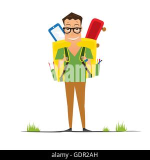 Smiling Young School Boy with Yellow Backpack. Vector Illustration. Man isolated on white background. Back to School Concept. Stock Vector