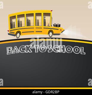 School Bus. Vector Illustration. Racing Bus in Cartoon Style with Big Engine and Copy Space. Back to School on Black Chalk Board Stock Vector