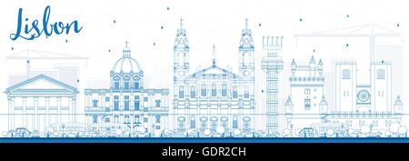 Outline Lisbon Skyline with Blue Buildings. Vector Illustration. Business Travel and Tourism Concept with Historic Buildings. Stock Vector