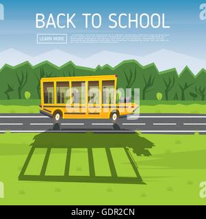 Yellow School Bus Driving Along Country Road. Vector Illustration. Back to School Concept with Yellow Bus, Green Tree Stock Vector