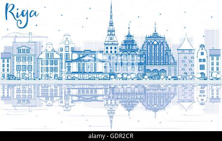 Outline Riga Skyline with Blue Landmarks and Reflections. Vector Illustration. Business Travel and Tourism Concept Stock Vector