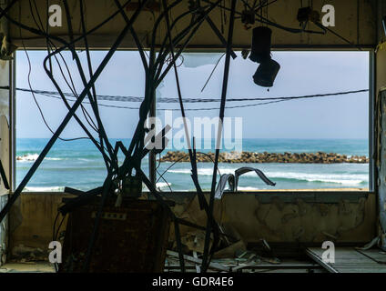 View from a devastated marine house in the highly contaminated area after the daiichi nuclear power plant irradiation and the tsunami, Fukushima prefecture, Futaba, Japan Stock Photo