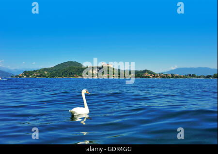 geography / travel, Italy, landscapes, Lago  Maggiore with La Rocca di Angera, Lombardia, Varese, Additional-Rights-Clearance-Info-Not-Available Stock Photo