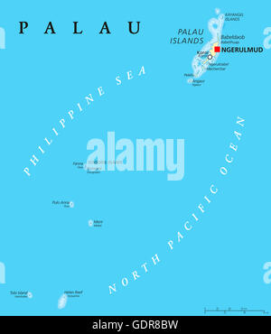 Palau political map with capital Ngerulmud. Republic and island country in North Pacific Ocean. Stock Photo