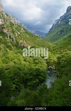 The Vikos Gorge  in the Pindus Mountains of northern Greece. Vikos is listed as the deepest gorge in the world. Stock Photo