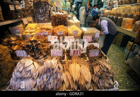 a food Market in central in Hong Kong in the south of China in Asia. Stock Photo