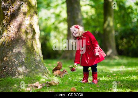 Girl feeding squirrel in autumn park. Little girl in red trench coat and rain boots watching wild animal in fall forest Stock Photo