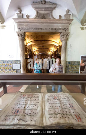 Entrance to the ossuary with the inscription, Capela dos ossos parede, chapel of bones, bone chapel, ossuary in Évora, Stock Photo