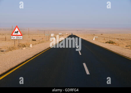 Road through the desert with a warning sign Attention horses, near Aus, Karas Region, Namib, Namibia Stock Photo