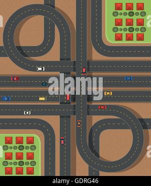 Aerial scene with roads and cars illustration Stock Vector