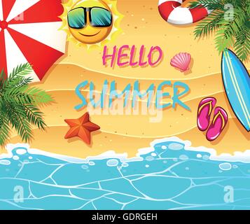 Summer theme with items on the beach illustration Stock Vector