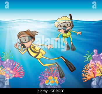 Two people scuba diving under the ocean illustration Stock Vector