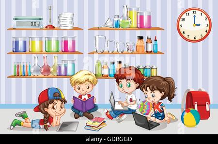 Children working on computers in classroom illustration Stock Vector