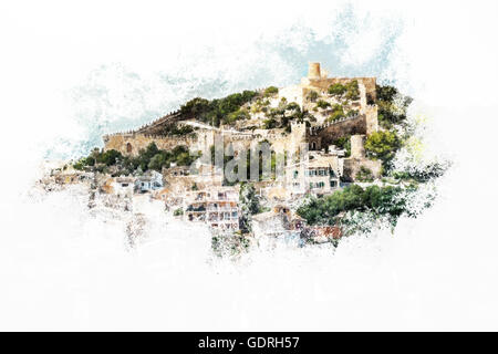 Capdepera castle on green hill in Mallorca Stock Photo