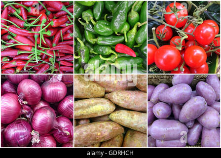 Photo Collage of fresh vegetables with red onion, red, capsicum, green capsicum, tomatoes, sweet potatoes and purple potatoes Stock Photo