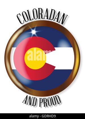 Colorado state flag button with a gold metal circular border over a white background with the text Coloradan and Proud Stock Vector