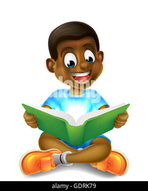 A happy cartoon little black boy enjoying reading an amazing book and using his imagination Stock Photo