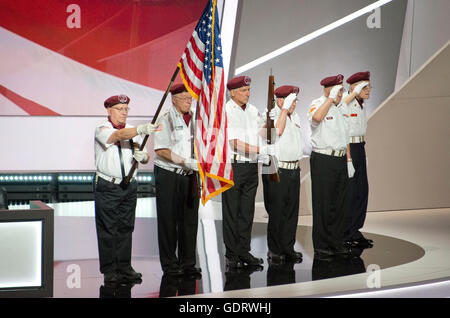 Cleveland, Us. 18th July, 2016. Cuyahoga County Veterans present the colors at the 2016 Republican National Convention held at the Quicken Loans Arena in Cleveland, Ohio on Monday, July 18, 2016. Credit: Ron Sachs/CNP (RESTRICTION: NO New York or New Jersey Newspapers or newspapers within a 75 mile radius of New York City) - NO WIRE SERVICE - © dpa/Alamy Live News Stock Photo