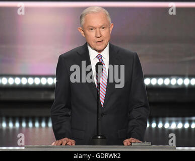 Cleveland, Us. 18th July, 2016. United States Senator Jeff Sessions (Republican of Alabama) makes remarks at the 2016 Republican National Convention held at the Quicken Loans Arena in Cleveland, Ohio on Monday, July 18, 2016. Credit: Ron Sachs/CNP (RESTRICTION: NO New York or New Jersey Newspapers or newspapers within a 75 mile radius of New York City) - NO WIRE SERVICE - © dpa/Alamy Live News Stock Photo