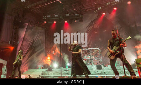 Chicago, Illinois, USA. 16th July, 2016. JOHN MOYER, DAVID DRAIMAN, MIKE WENGREN and DAN DONEGAN of Disturbed performs live at Toyota Park during Chicago Open Air Music Festival in Chicago, Illinois © Daniel DeSlover/ZUMA Wire/Alamy Live News Stock Photo