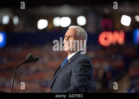 Cleveland, Ohio, USA; July 20, 2016: Vice presidential candidate Mike Pence speaks at the Republican National Convention. (Philip Scalia/Alamy Live News) Stock Photo
