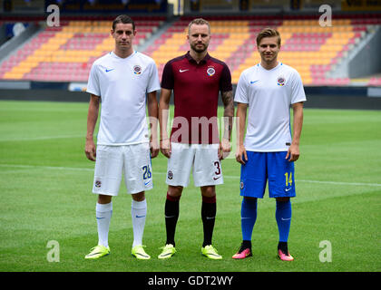 Prague, Czech Republic. 21st July, 2016. From left: players of Sparta Praha Ondrej Zahustel, Michal Kadlec and Martin Frydek pose during the press conference prior to the new season in Prague, Czech Republic, July 21, 2016. © Roman Vondrous/CTK Photo/Alam Stock Photo