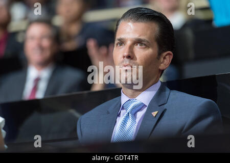 Don Trump, Jr., son of GOP Presidential candidate Donald Trump watches Senator Ted Cruz address delegates on the third day of the Republican National Convention July 20, 2016 in Cleveland, Ohio. Cruz refused to endorse candidate Donald Trump. Stock Photo