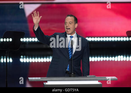 Cleveland, Ohio, USA. 21st July, 2016. RNC Chairman Reince Priebus addresses delegates on the final day of the Republican National Convention July 21, 2016 in Cleveland, Ohio. Credit:  Planetpix/Alamy Live News Stock Photo