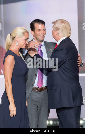 Cleveland, Ohio, USA. 21st July, 2016. GOP Presidential candidate Donald Trump greets son Don and daughter-in-law Vanessa Trump after accepting the party nomination for president on the final day of the Republican National Convention July 21, 2016 in Cleveland, Ohio. Credit:  Planetpix/Alamy Live News Stock Photo