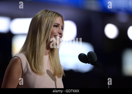 Cleveland, USA. 21st July, 2016. Ivanka Trump, daughter of Republican presidential nominee Donald Trump, speaks on the last day of the Republican National Convention in Cleveland, Ohio, the United States, July 21, 2016. Credit:  Yin Bogu/Xinhua/Alamy Live News Stock Photo
