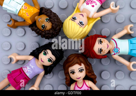 Tambov, Russian Federation - July 06, 2016 Five Lego Friends girl minifdolls - Andrea, Mia, Olivia, Stephanie, Emma. Stock Photo