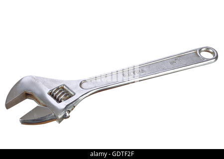 A old adjustable wrench  isolated on white background, focus fusion. Stock Photo