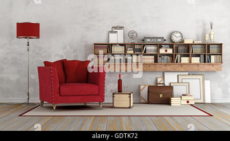 Vintage living room with red armchair and wooden book case with books and decor objects - 3D Rendering Stock Photo