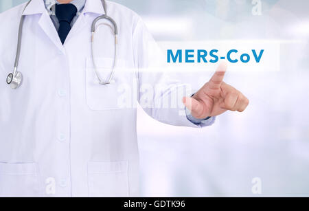 Doctor hand touching MERS-CoV tab on virtual screen Stock Photo